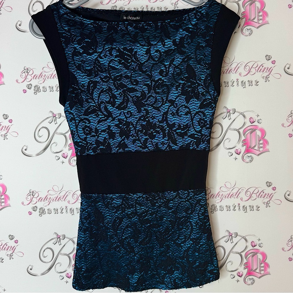 Le Chateau tank top shimmer shiny Lacie Blue Lace Top formal luxe shirt blouse